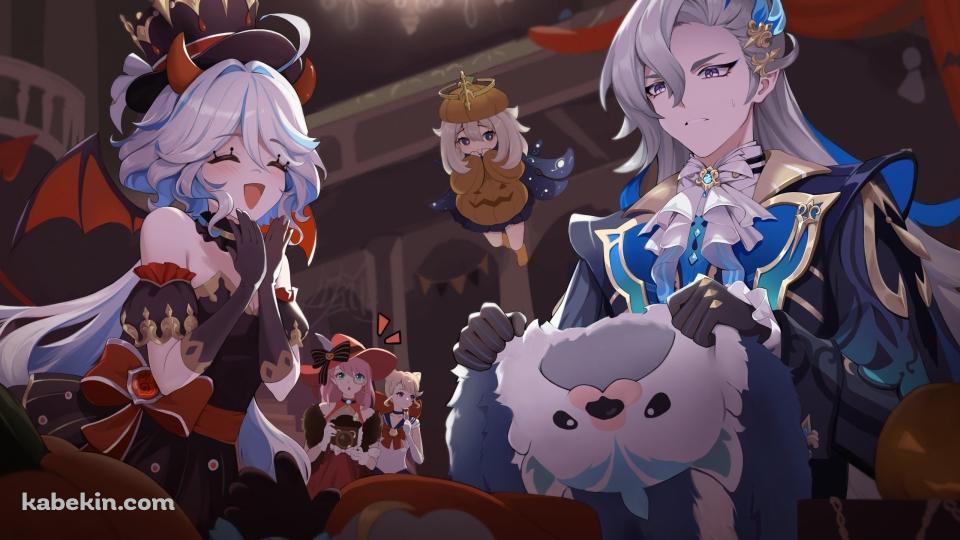 ハロウィンパーティーの準備をするヌヴィレット / リネット / フリーナ / パイモン / シャルロット / ノンビリラッコ / 原神の壁紙(960px x 540px) 高画質 PC・デスクトップ用