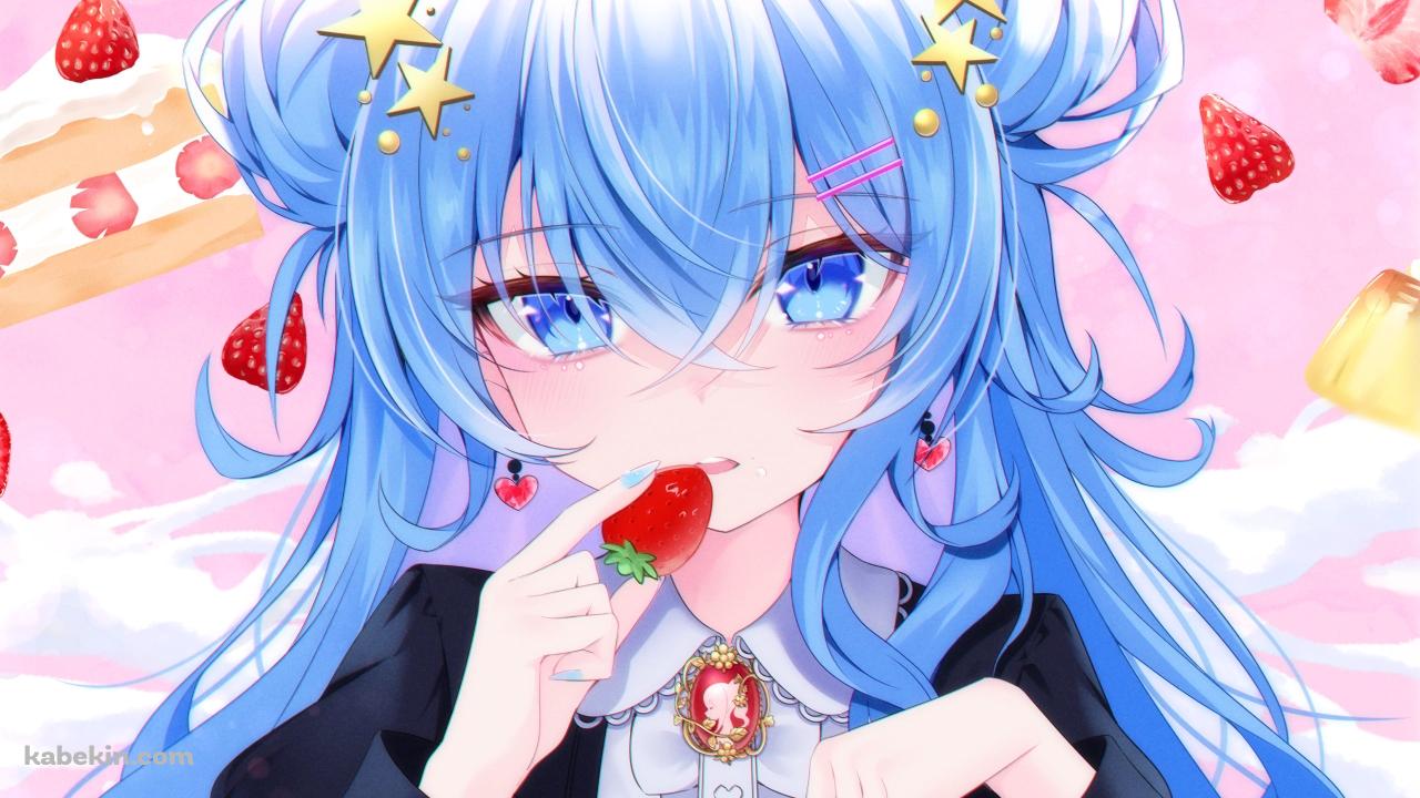 苺を食べるお団子ヘアーの可愛い星街すいせい / ホロライブ / バーチャルYouTuber / Vtuberの壁紙(1280px x 720px) 高画質 PC・デスクトップ用