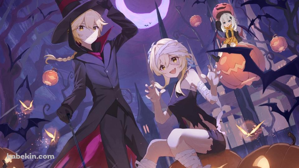 三日月とハロウィンコスの蛍 / パイモン / 空 / 原神の壁紙(960px x 540px) 高画質 PC・デスクトップ用