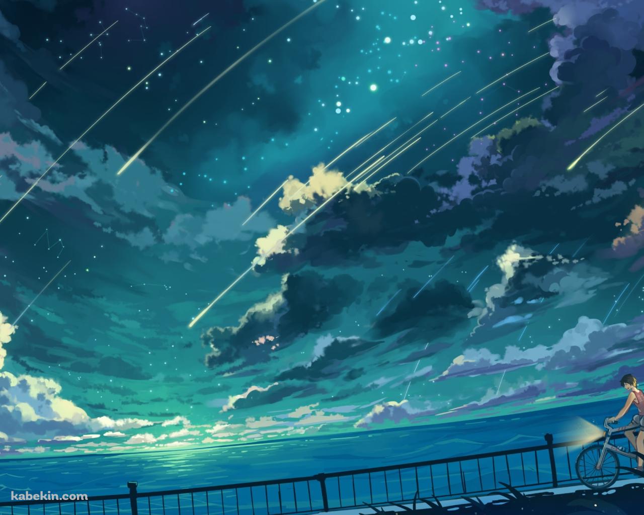 海沿いの道を自転車で二人乗りをするカップル / 流れ星の壁紙(1280px x 1024px) 高画質 PC・デスクトップ用