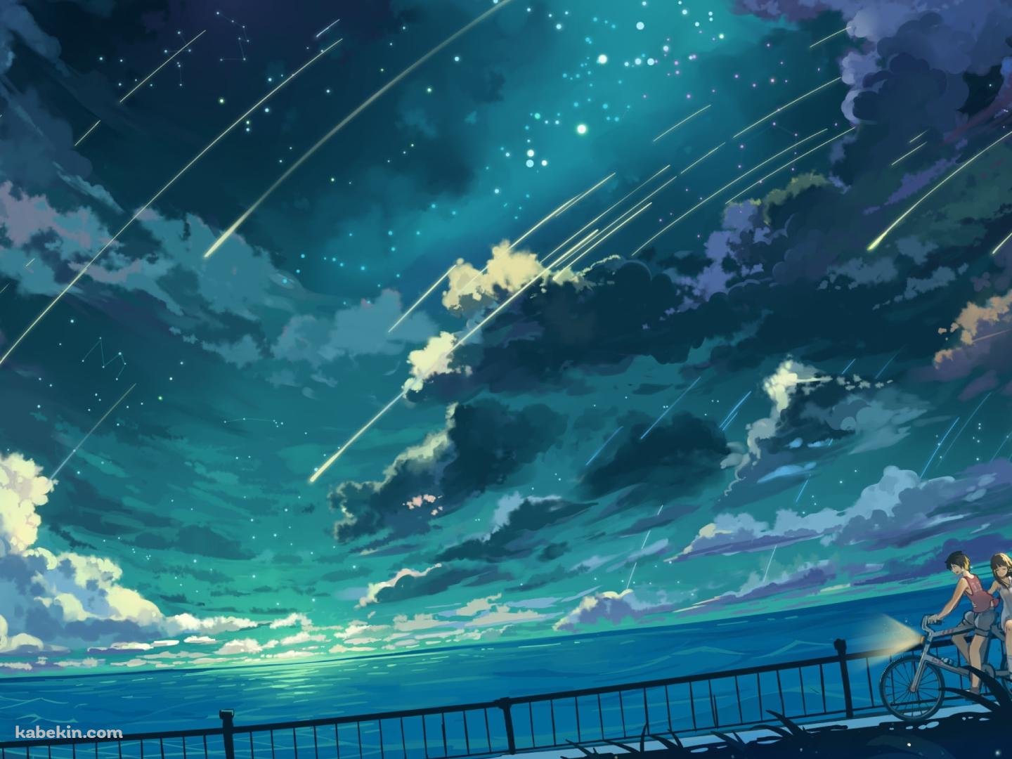 海沿いの道を自転車で二人乗りをするカップル / 流れ星の壁紙(1440px x 1080px) 高画質 PC・デスクトップ用