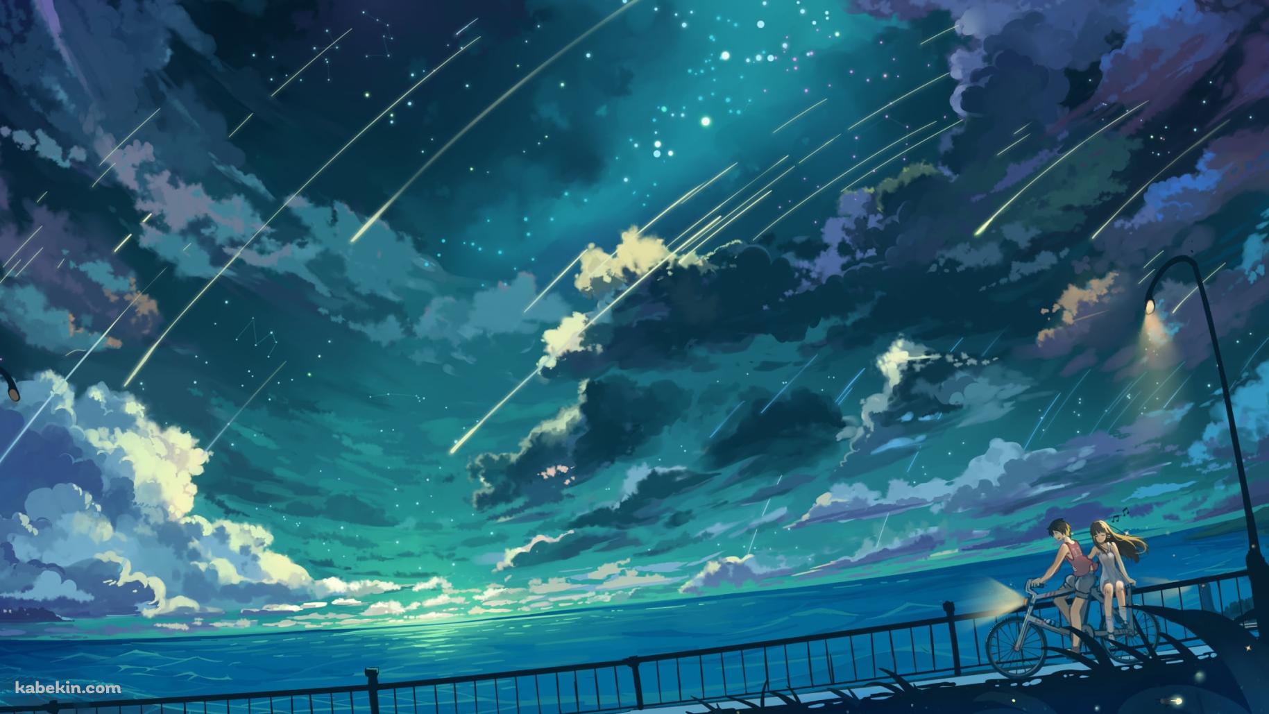 海沿いの道を自転車で二人乗りをするカップル / 流れ星の壁紙(1829px x 1029px) 高画質 PC・デスクトップ用