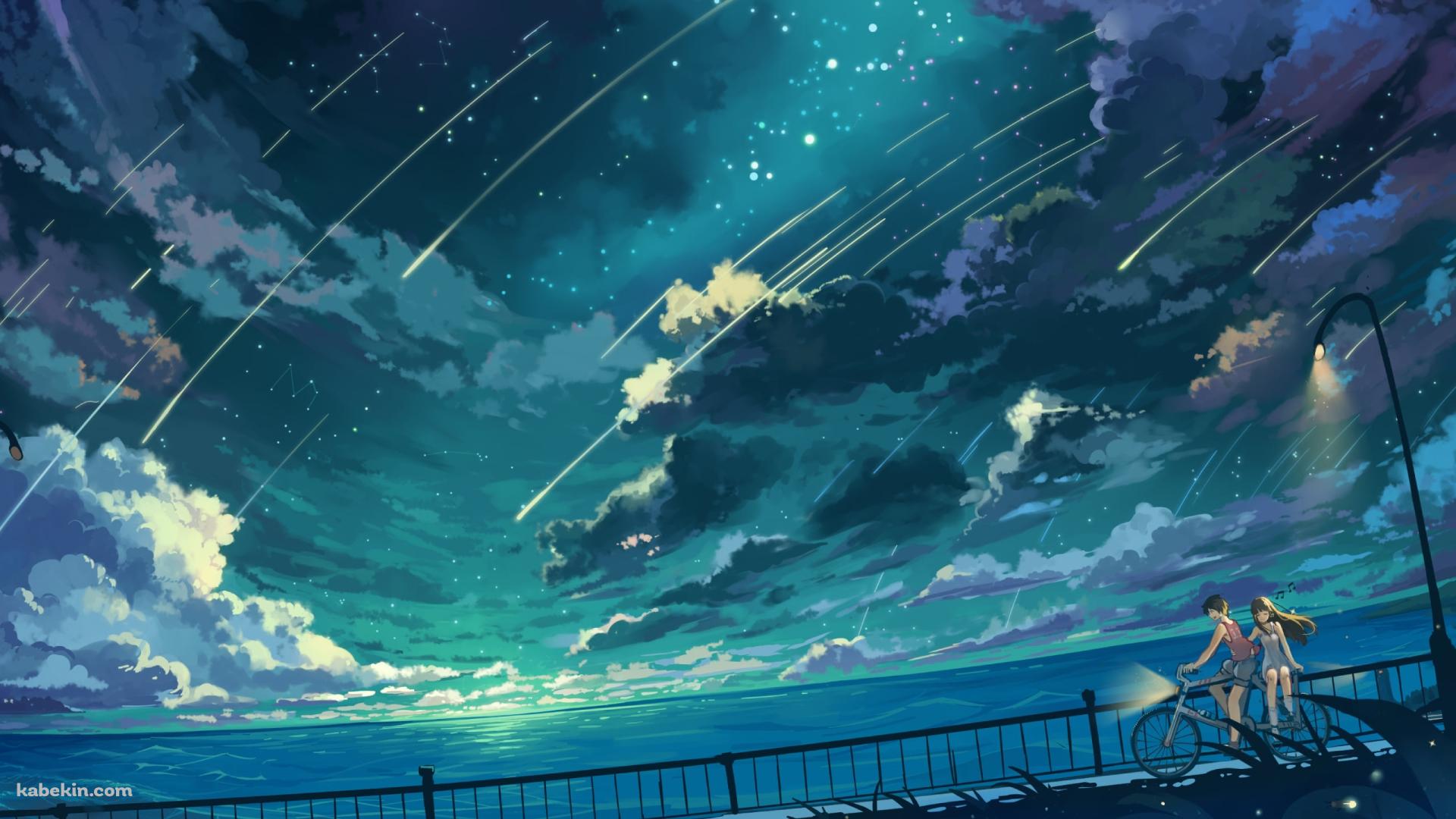 海沿いの道を自転車で二人乗りをするカップル / 流れ星の壁紙(1920px x 1080px) 高画質 PC・デスクトップ用