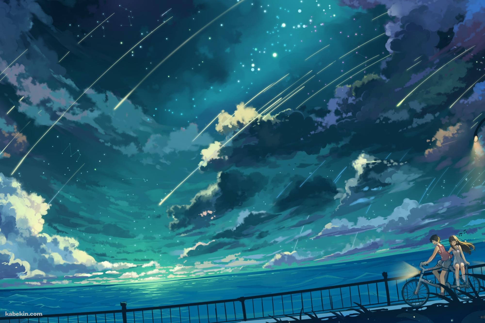 海沿いの道を自転車で二人乗りをするカップル / 流れ星の壁紙(2000px x 1333px) 高画質 PC・デスクトップ用