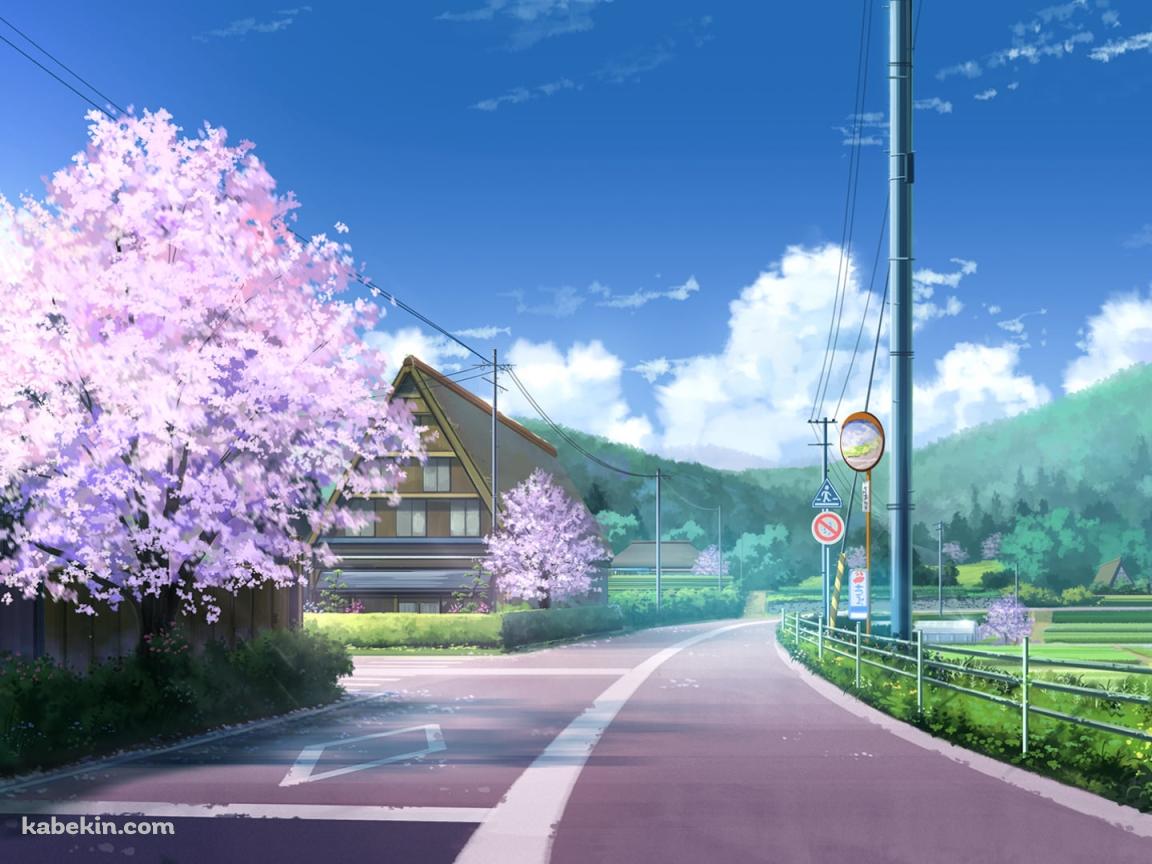 桜が咲く田舎の風景 / 電柱 / 緑の山 / 青空の壁紙(1152px x 864px) 高画質 PC・デスクトップ用