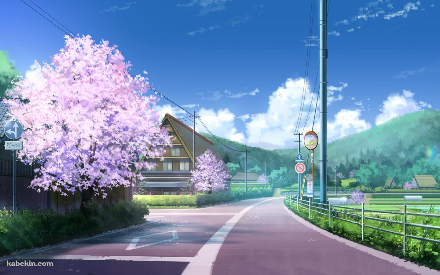 桜が咲く田舎の風景 / 電柱 / 緑の山 / 青空の壁紙(1440px x 900px) 高画質 PC・デスクトップ用