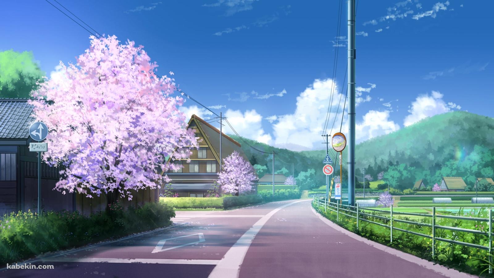 桜が咲く田舎の風景 / 電柱 / 緑の山 / 青空の壁紙(1600px x 900px) 高画質 PC・デスクトップ用