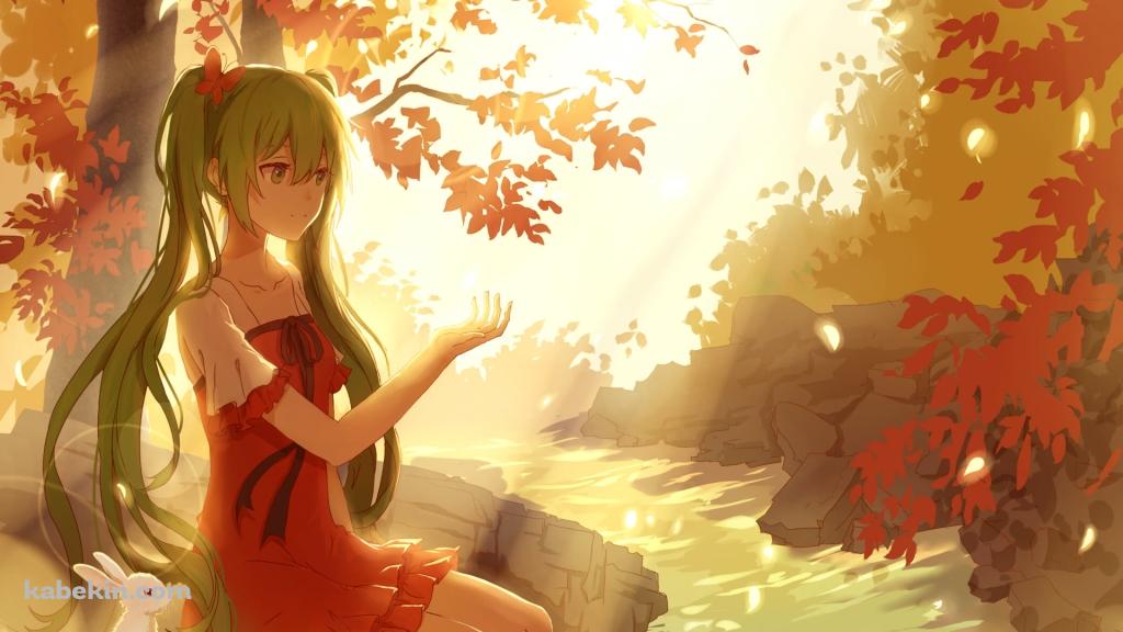 川に浸かり紅葉に手をかざす初音ミクと白いウサギ / ボカロ / ボーカロイドの壁紙(1024px x 576px) 高画質 PC・デスクトップ用