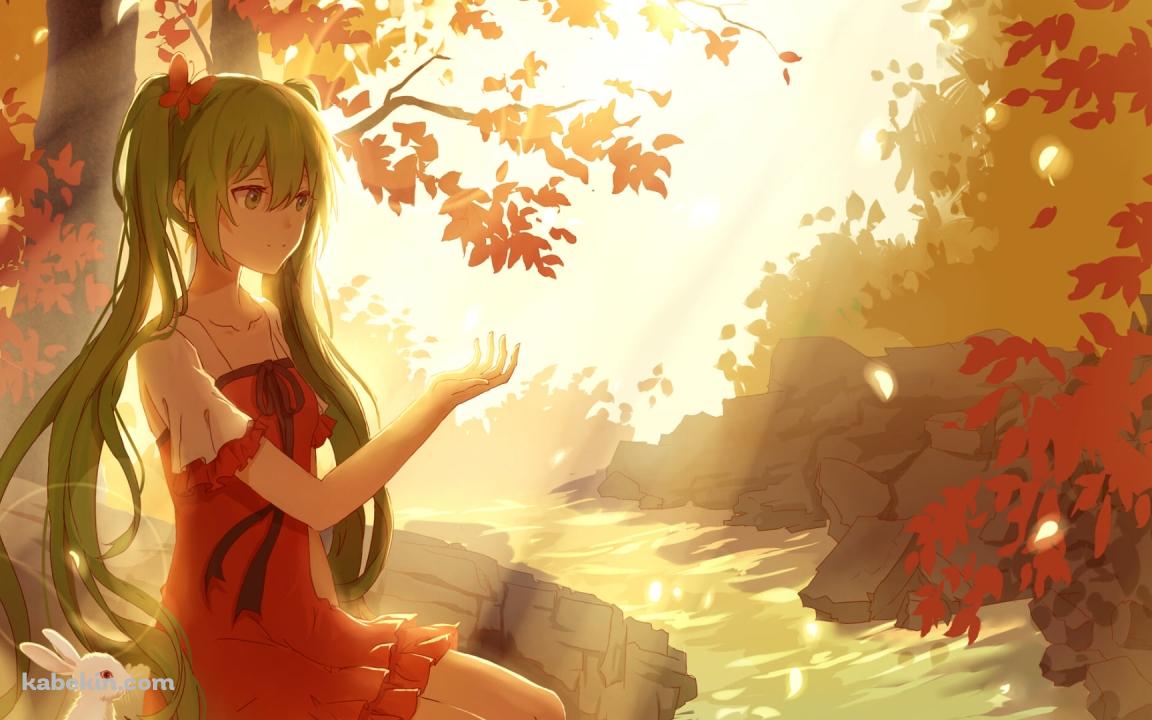 川に浸かり紅葉に手をかざす初音ミクと白いウサギ / ボカロ / ボーカロイドの壁紙(1152px x 720px) 高画質 PC・デスクトップ用