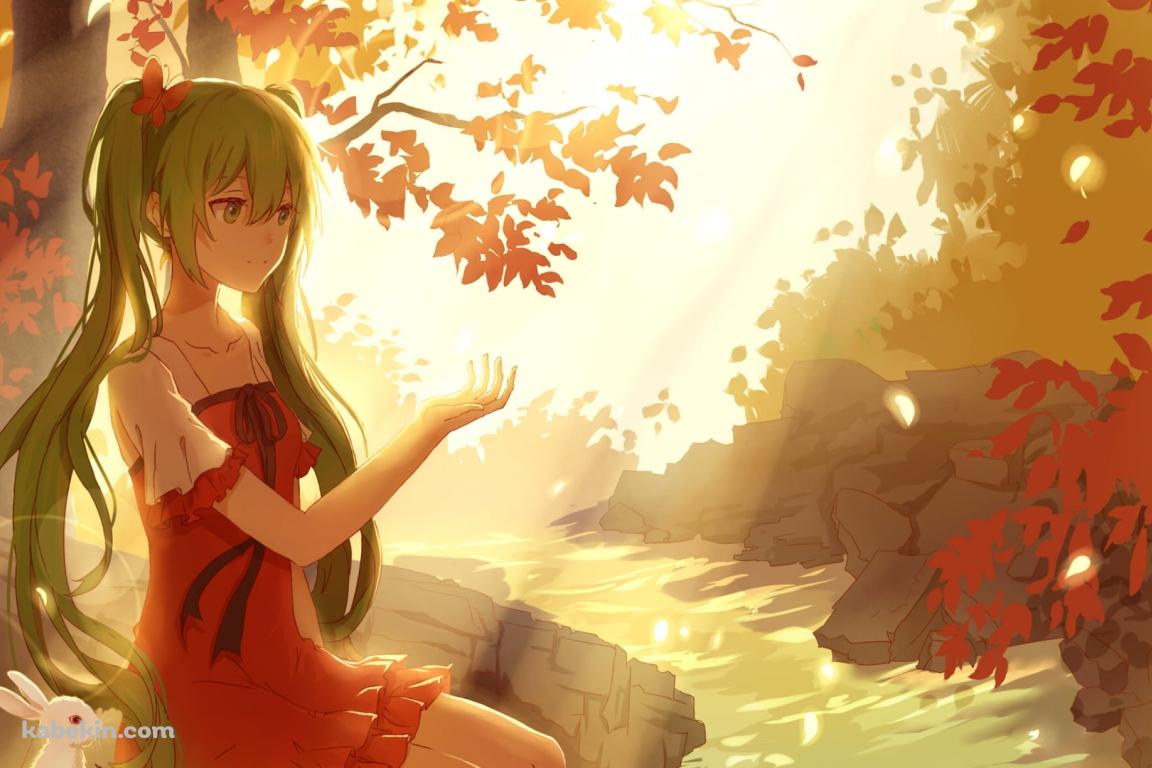 川に浸かり紅葉に手をかざす初音ミクと白いウサギ / ボカロ / ボーカロイドの壁紙(1152px x 768px) 高画質 PC・デスクトップ用
