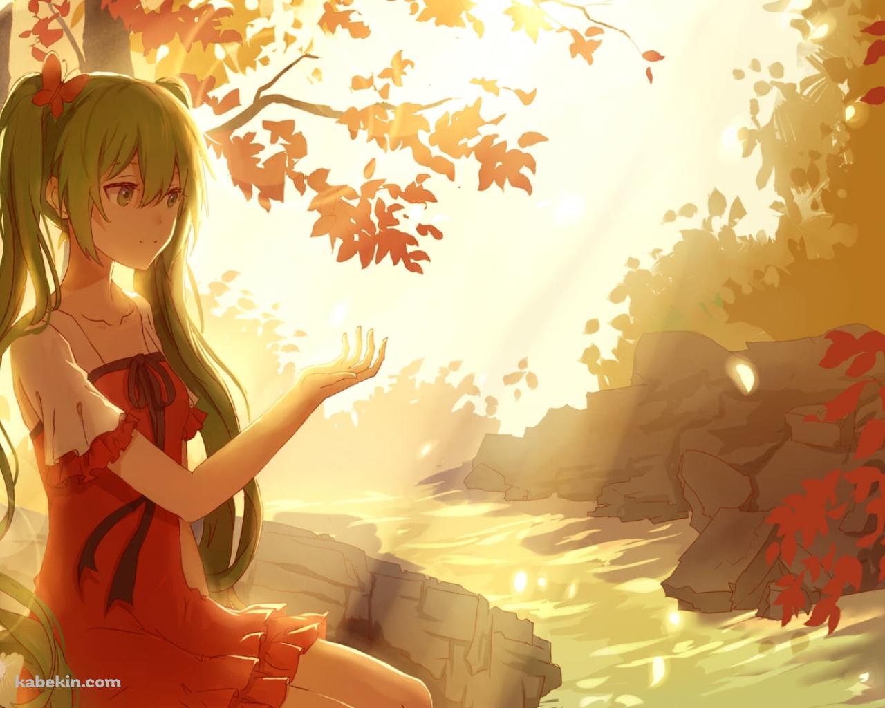 川に浸かり紅葉に手をかざす初音ミクと白いウサギ / ボカロ / ボーカロイドの壁紙(1280px x 1024px) 高画質 PC・デスクトップ用
