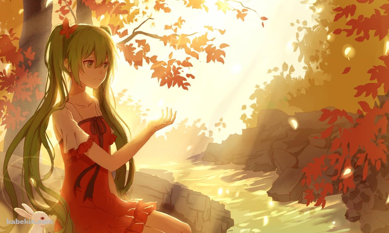 川に浸かり紅葉に手をかざす初音ミクと白いウサギ / ボカロ / ボーカロイドの壁紙(1280px x 768px) 高画質 PC・デスクトップ用
