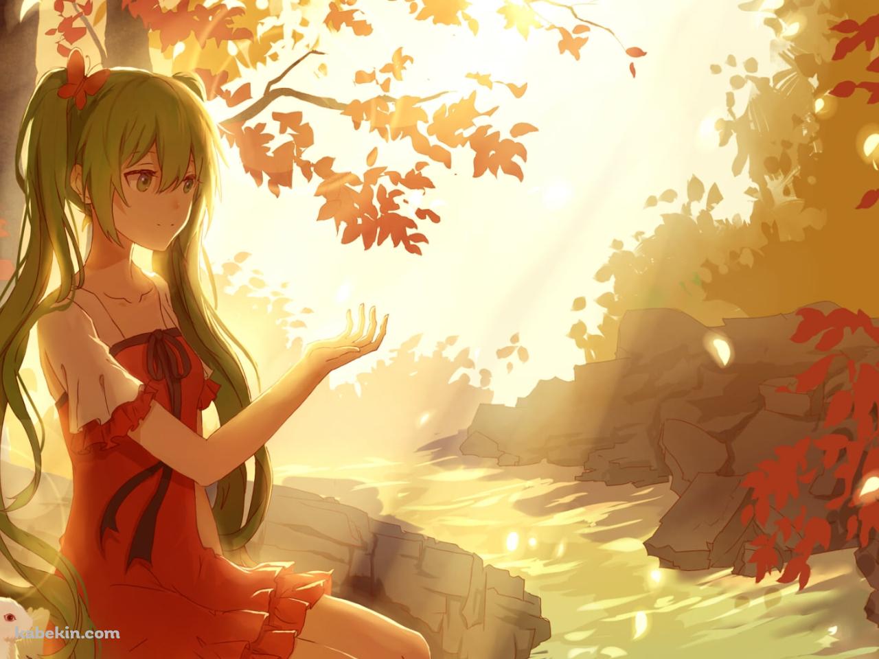 川に浸かり紅葉に手をかざす初音ミクと白いウサギ / ボカロ / ボーカロイドの壁紙(1280px x 960px) 高画質 PC・デスクトップ用