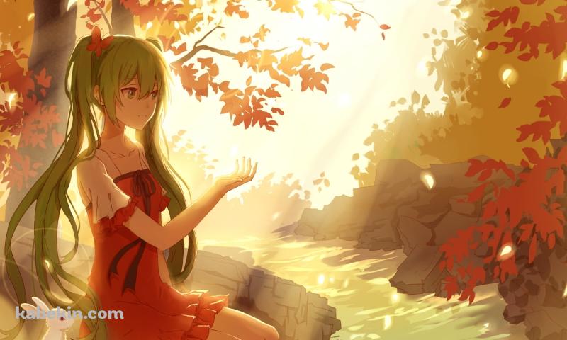 川に浸かり紅葉に手をかざす初音ミクと白いウサギ / ボカロ / ボーカロイドの壁紙(800px x 480px) 高画質 PC・デスクトップ用