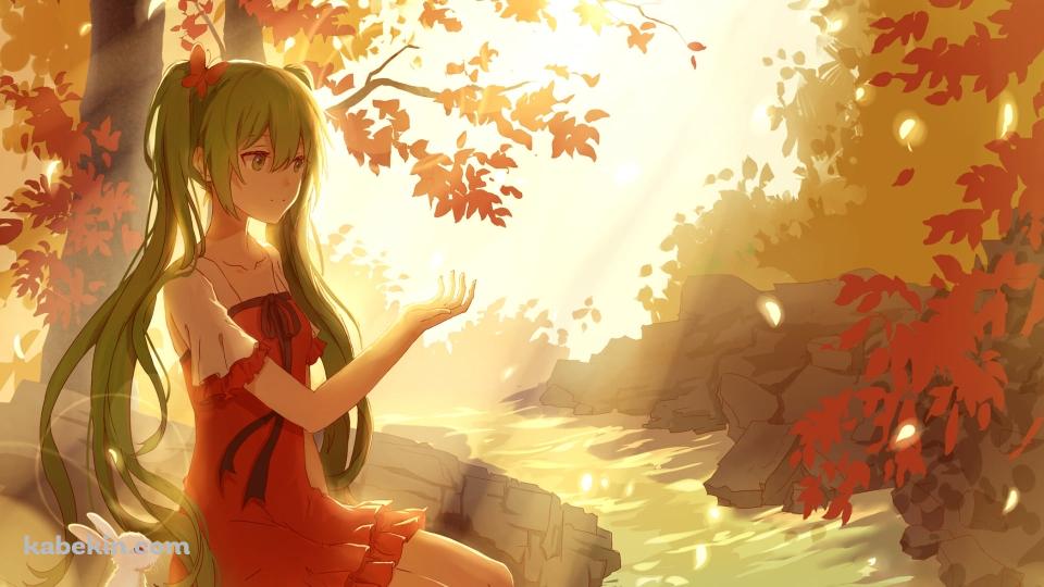 川に浸かり紅葉に手をかざす初音ミクと白いウサギ / ボカロ / ボーカロイドの壁紙(960px x 540px) 高画質 PC・デスクトップ用