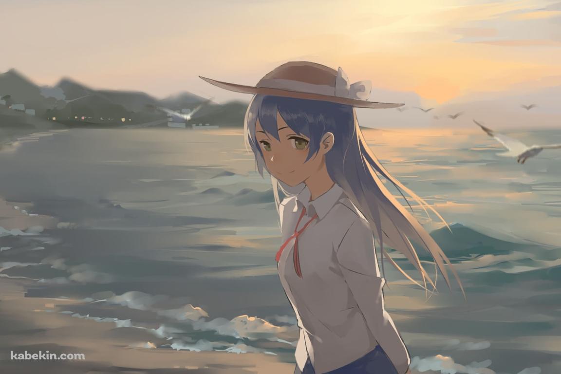 カモメが飛ぶ海の波打ち際を歩く園田海未 / ラブライブ!の壁紙(1152px x 768px) 高画質 PC・デスクトップ用