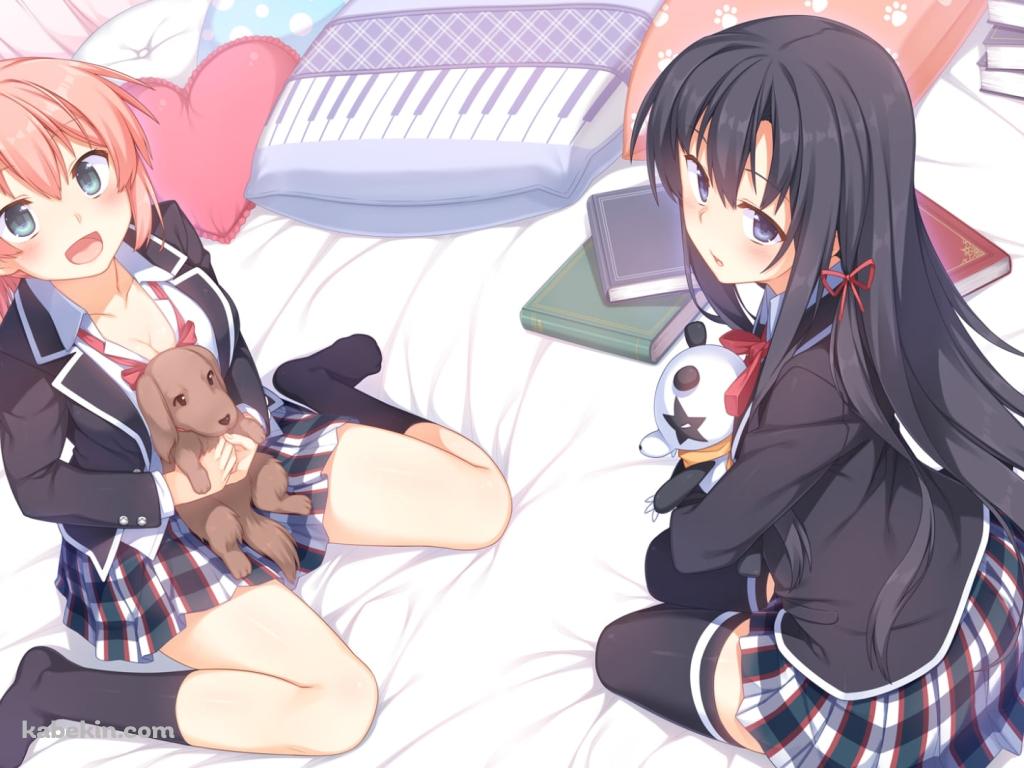 ベッドの上でぬいぐるみを抱く雪ノ下雪乃 / 由比ヶ浜結衣 / やはり俺の青春ラブコメはまちがっている。の壁紙(1024px x 768px) 高画質 PC・デスクトップ用