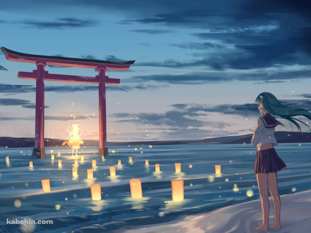 水面に立つ赤い鳥居を眺める東風谷早苗 / 東方の壁紙(1024px x 768px) 高画質 PC・デスクトップ用