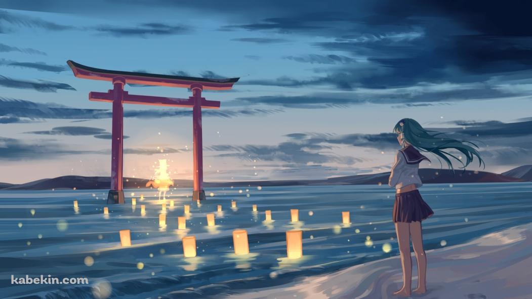 水面に立つ赤い鳥居を眺める東風谷早苗 / 東方の壁紙(1051px x 591px) 高画質 PC・デスクトップ用