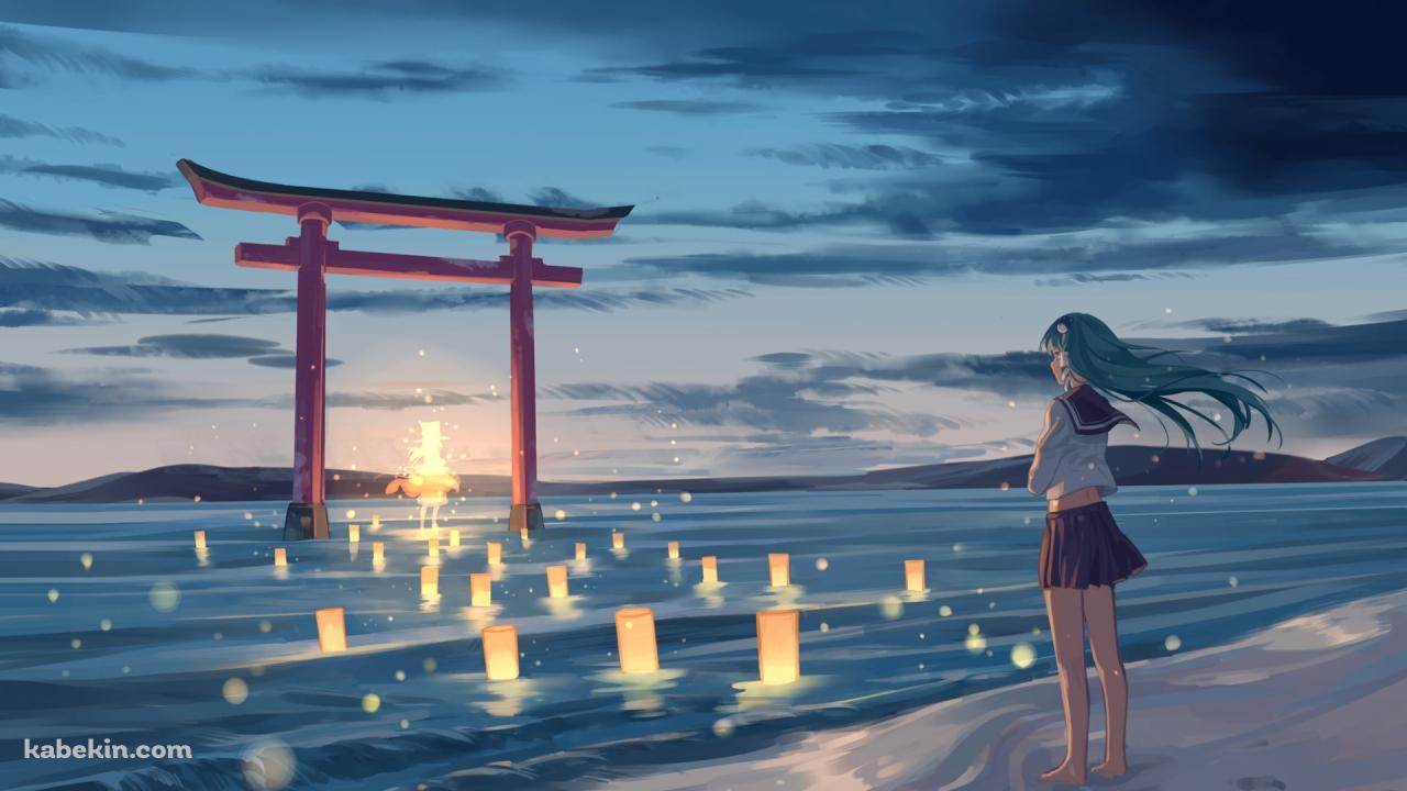 水面に立つ赤い鳥居を眺める東風谷早苗 / 東方の壁紙(1280px x 720px) 高画質 PC・デスクトップ用