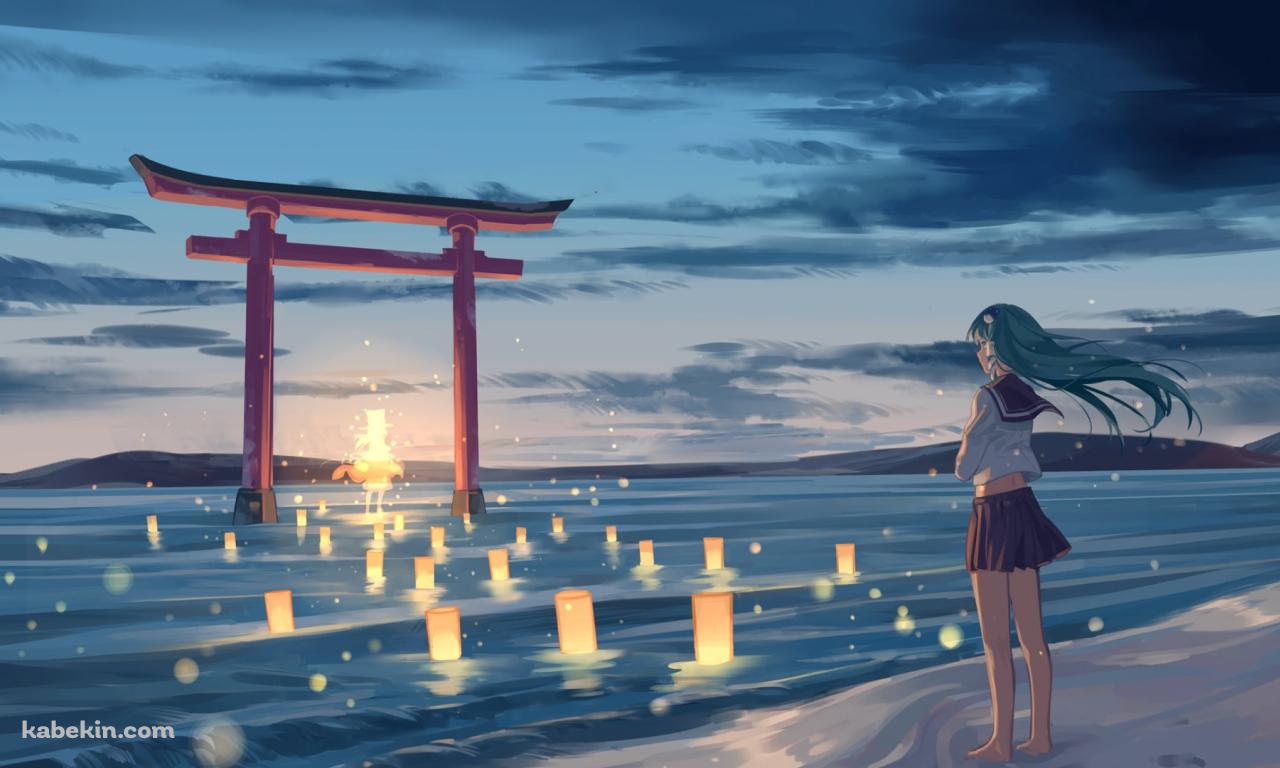 水面に立つ赤い鳥居を眺める東風谷早苗 / 東方の壁紙(1280px x 768px) 高画質 PC・デスクトップ用