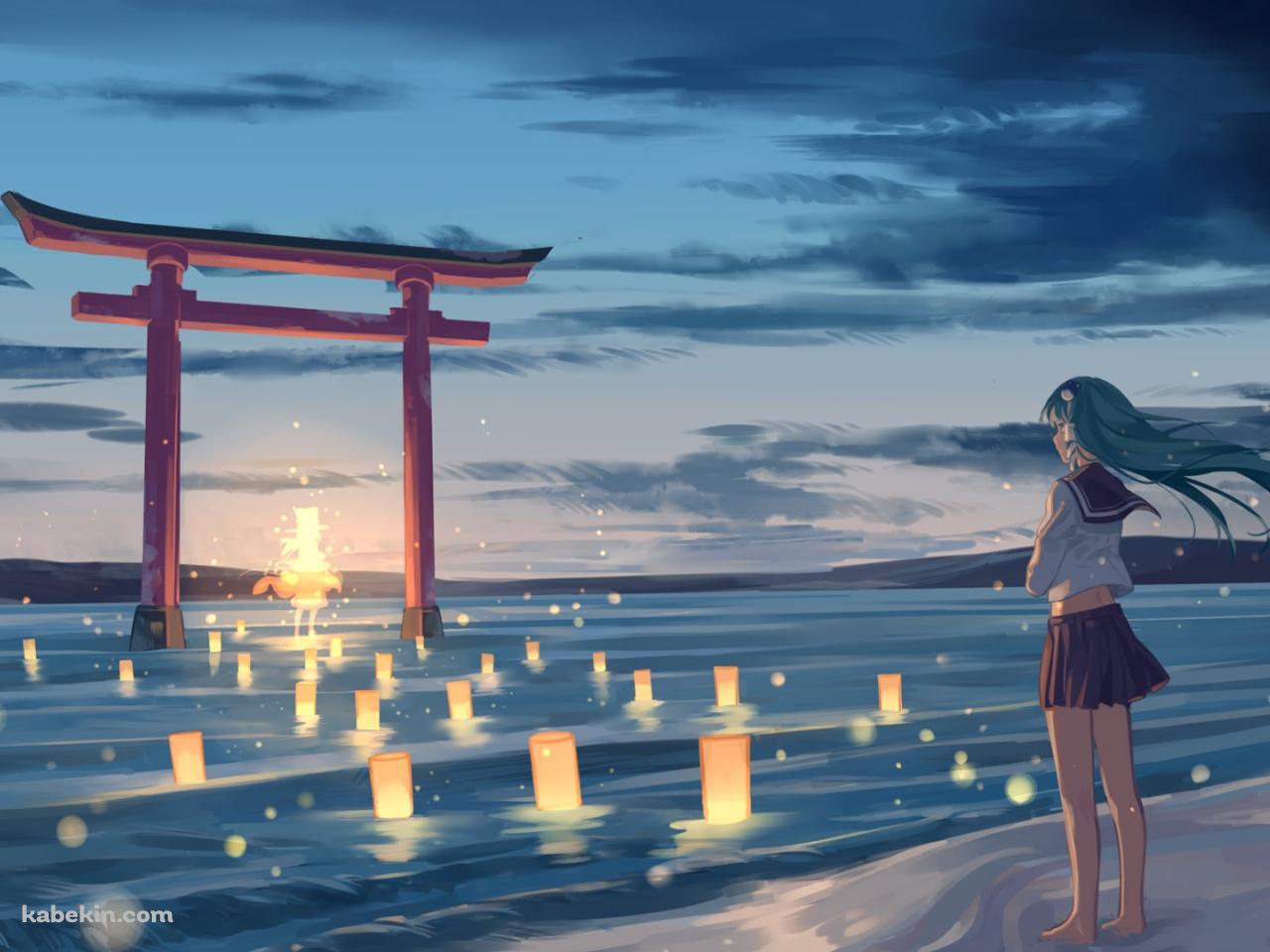 水面に立つ赤い鳥居を眺める東風谷早苗 / 東方の壁紙(1280px x 960px) 高画質 PC・デスクトップ用