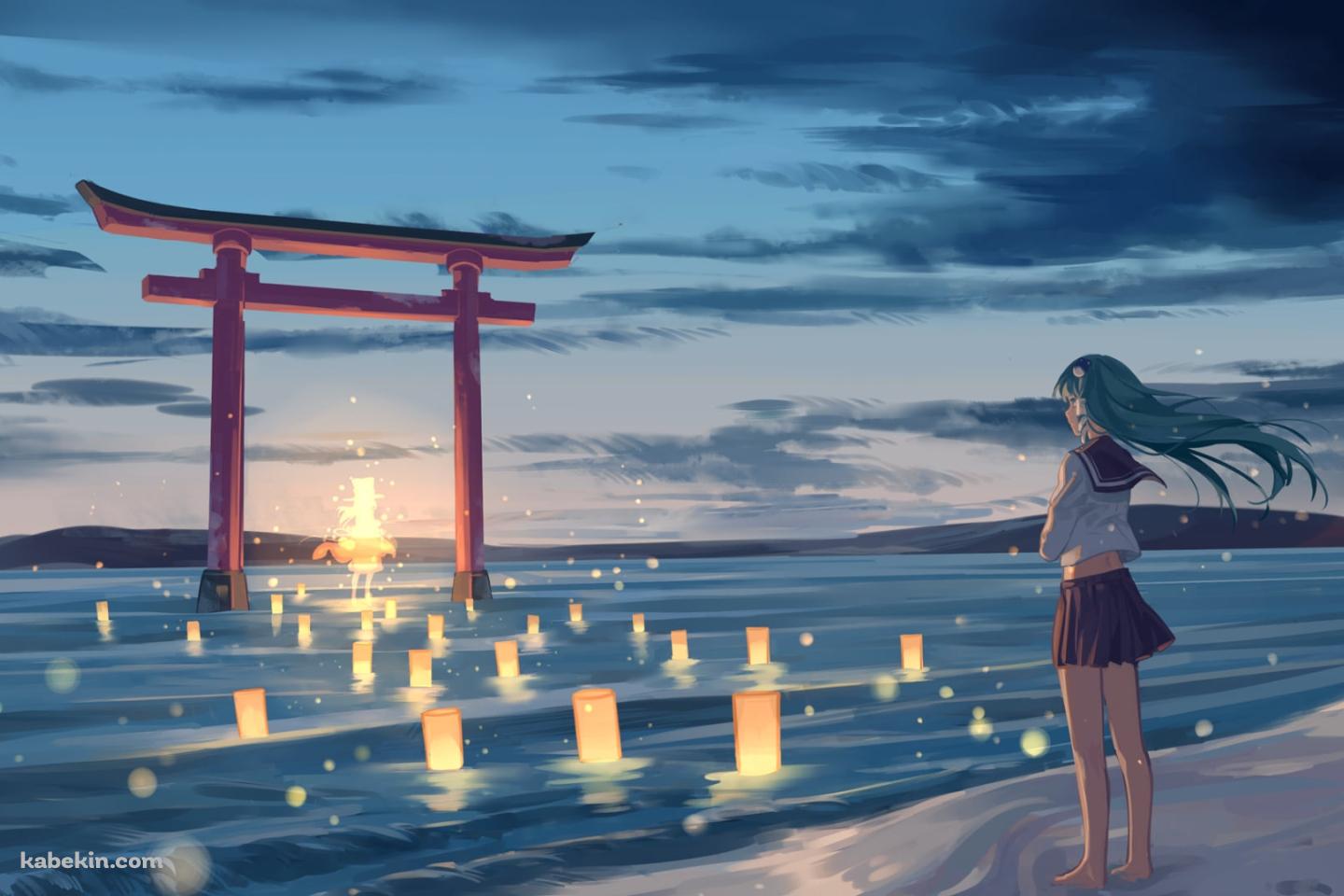 水面に立つ赤い鳥居を眺める東風谷早苗 / 東方の壁紙(1440px x 960px) 高画質 PC・デスクトップ用