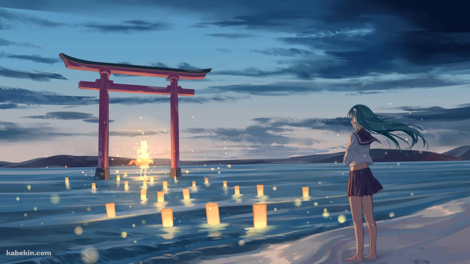 水面に立つ赤い鳥居を眺める東風谷早苗 / 東方の壁紙(1600px x 900px) 高画質 PC・デスクトップ用