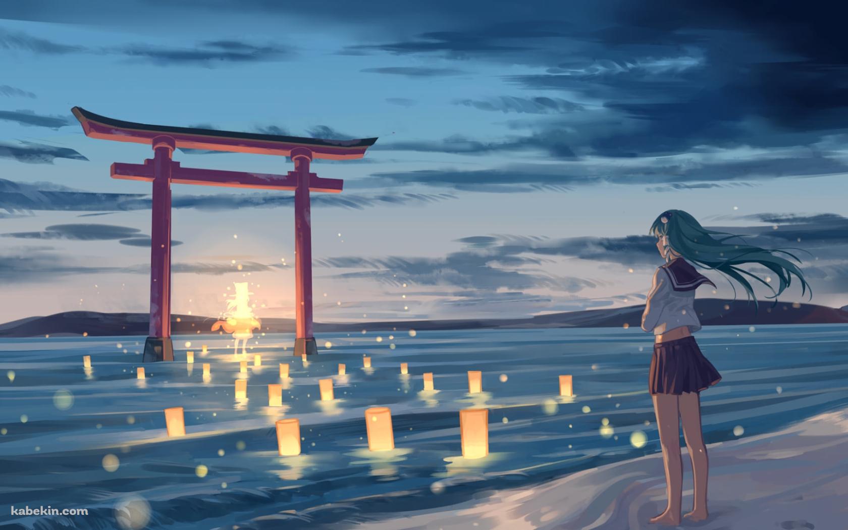 水面に立つ赤い鳥居を眺める東風谷早苗 / 東方の壁紙(1680px x 1050px) 高画質 PC・デスクトップ用