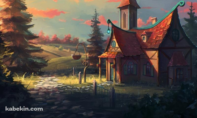 可愛い家と丘陵地帯の壁紙(800px x 480px) 高画質 PC・デスクトップ用
