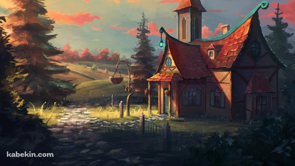 可愛い家と丘陵地帯の壁紙(960px x 540px) 高画質 PC・デスクトップ用