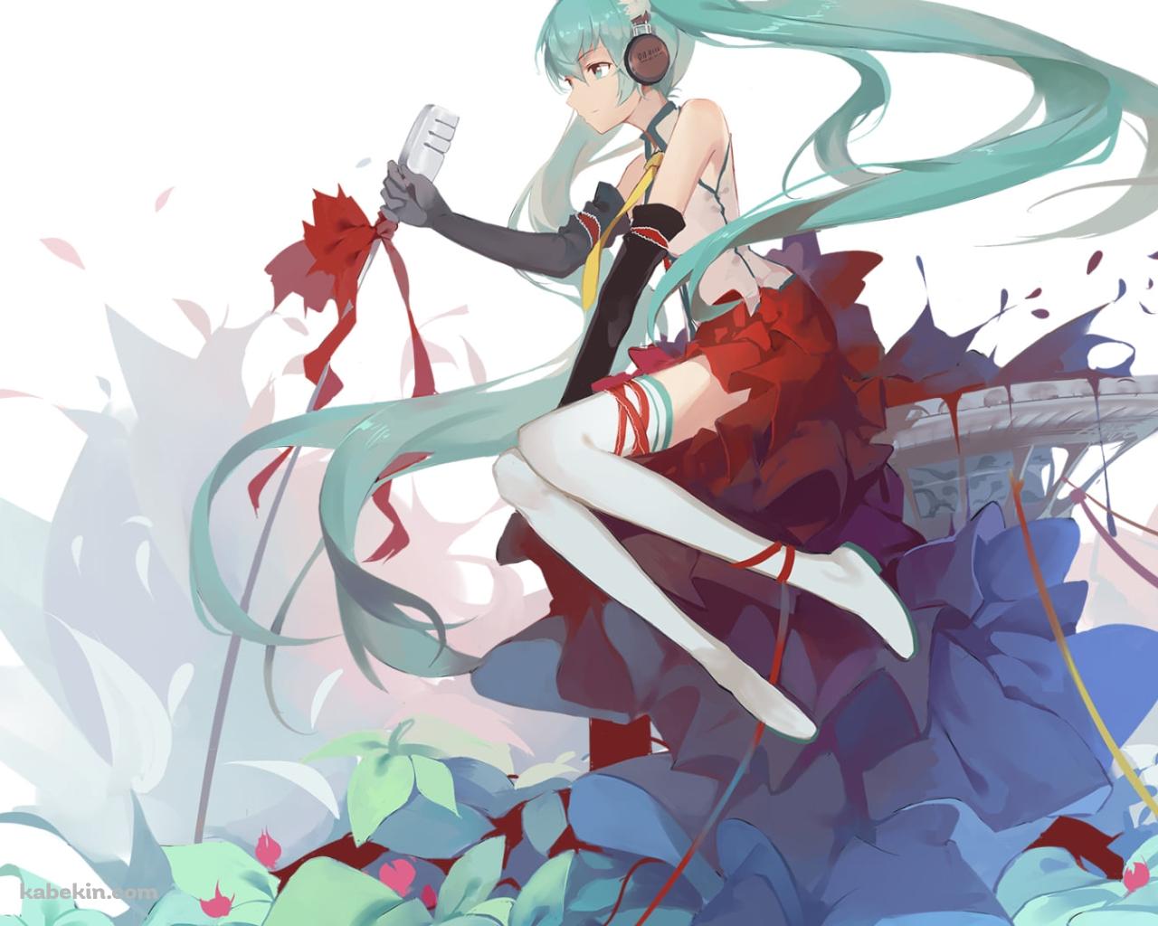 大きな青い花とマイクを持つ初音ミク / ボカロ / ボーカロイドの壁紙(1280px x 1024px) 高画質 PC・デスクトップ用