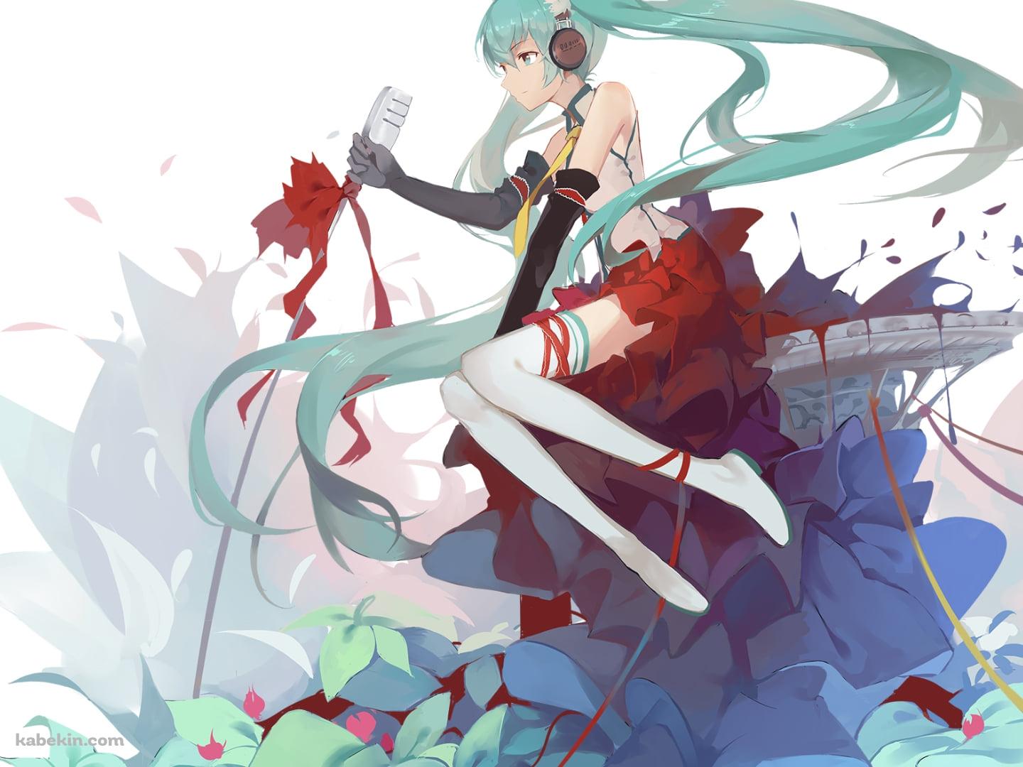 大きな青い花とマイクを持つ初音ミク / ボカロ / ボーカロイドの壁紙(1440px x 1080px) 高画質 PC・デスクトップ用