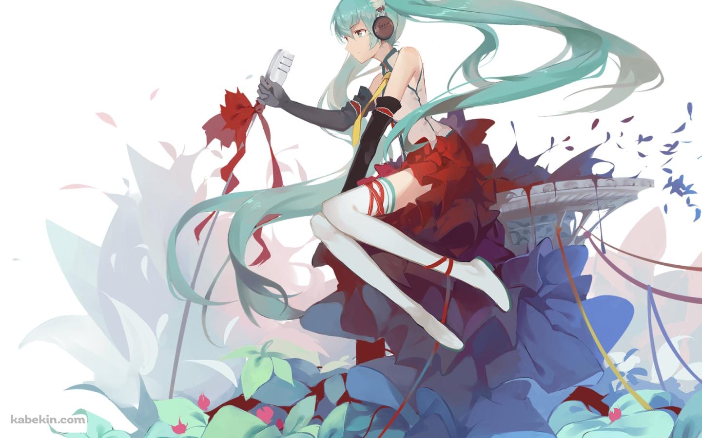 大きな青い花とマイクを持つ初音ミク / ボカロ / ボーカロイドの壁紙(1440px x 900px) 高画質 PC・デスクトップ用