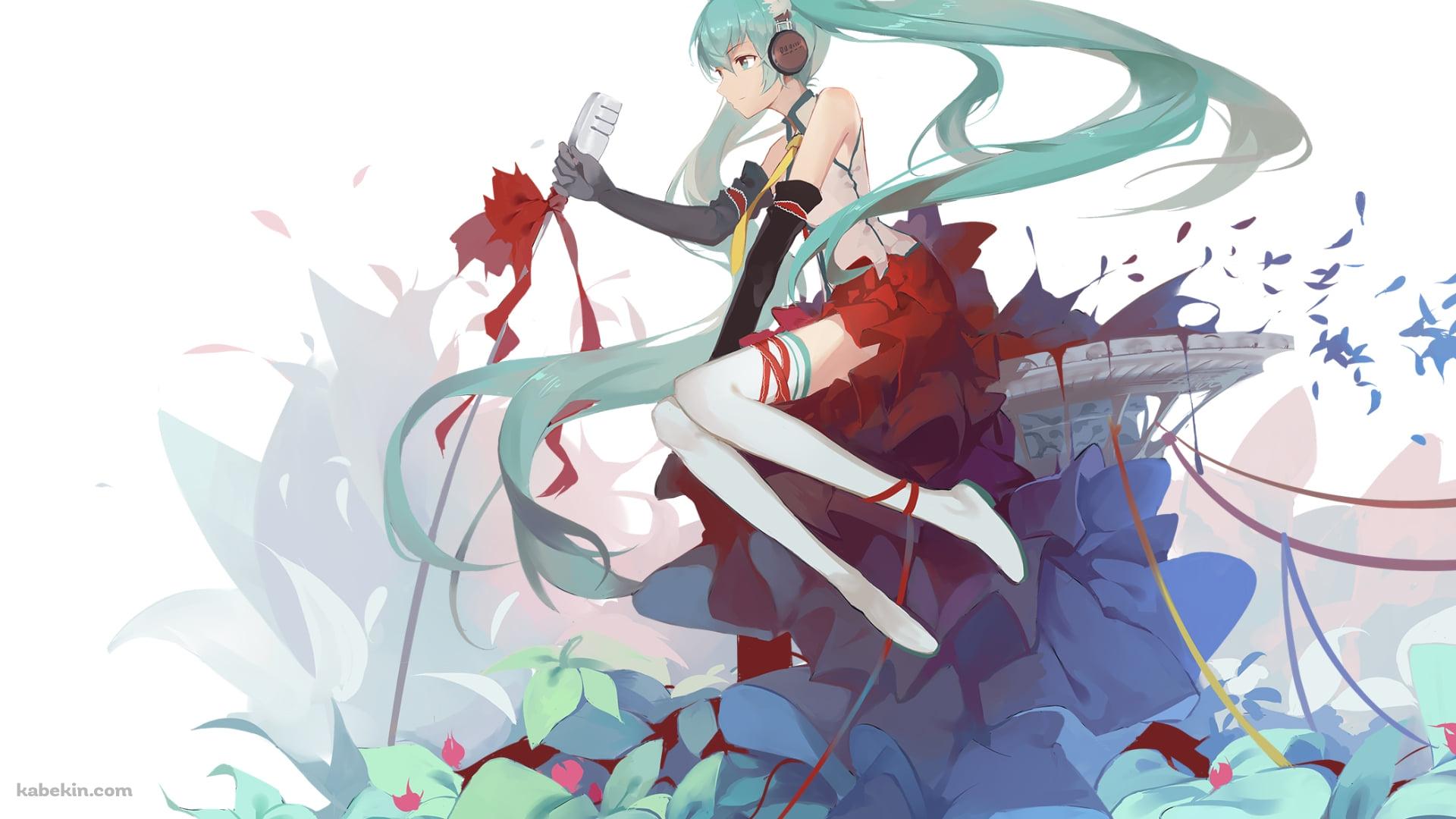 大きな青い花とマイクを持つ初音ミク / ボカロ / ボーカロイドの壁紙(1920px x 1080px) 高画質 PC・デスクトップ用