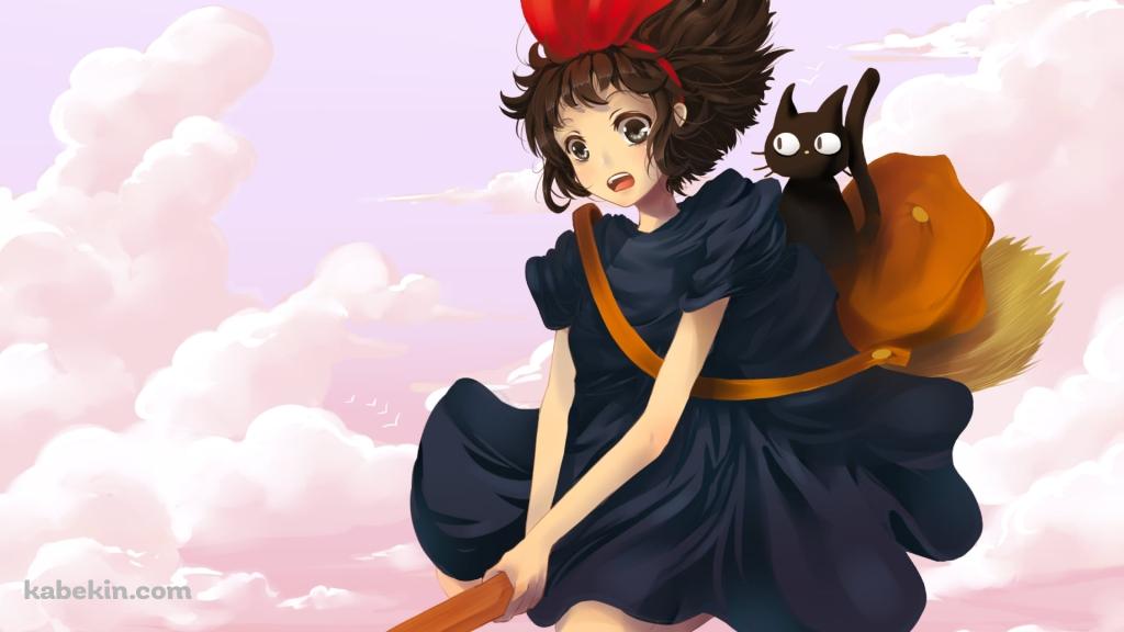 空飛ぶホウキに乗るキキとジジ / ピンクの空 / ジブリ / 魔女の宅急便の壁紙(1024px x 576px) 高画質 PC・デスクトップ用