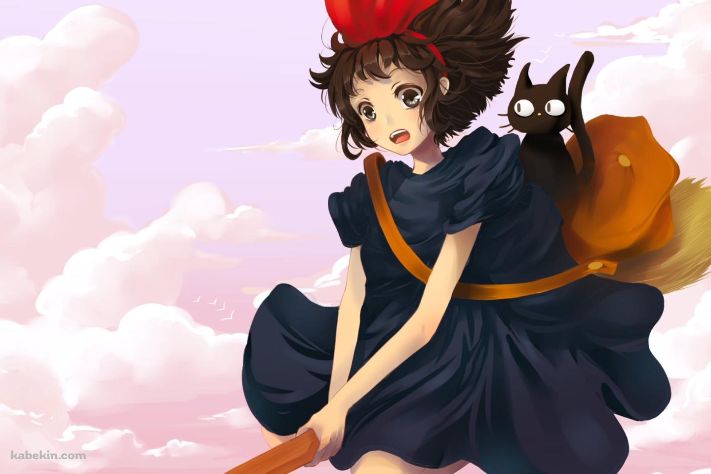 空飛ぶホウキに乗るキキとジジ / ピンクの空 / ジブリ / 魔女の宅急便の壁紙(1440px x 960px) 高画質 PC・デスクトップ用