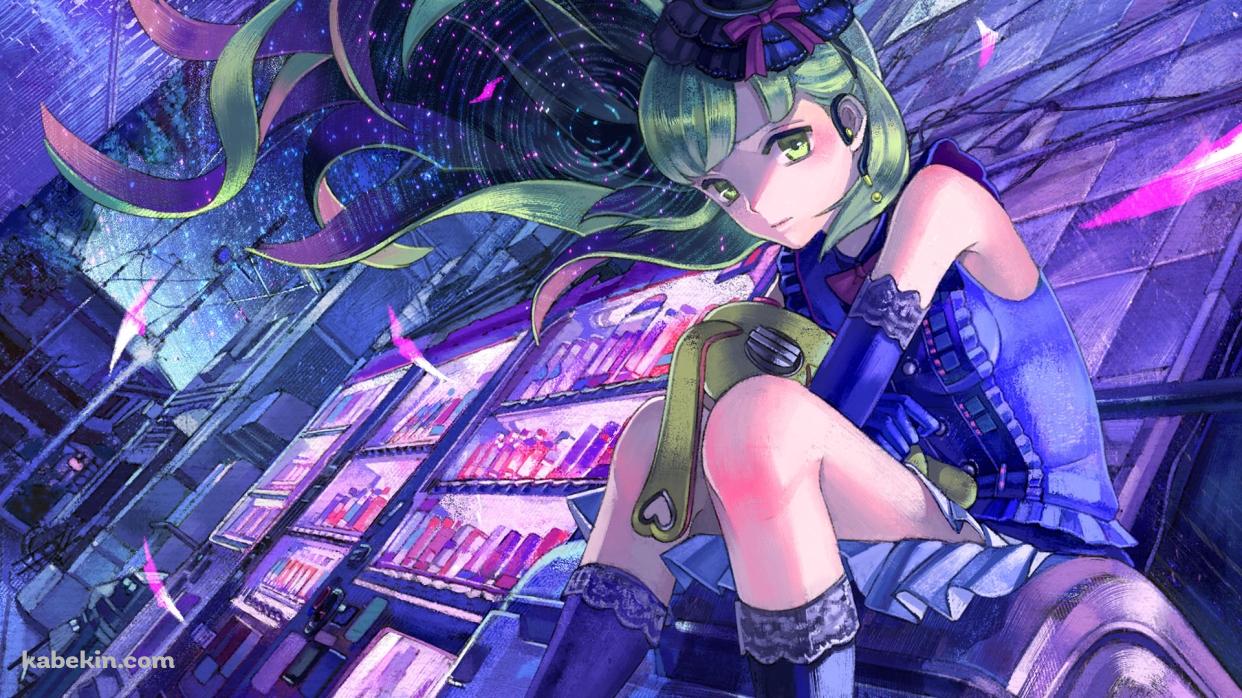 夜の街、自動販売機の近くに座るMAYU / ボカロ / ボーカロイドの壁紙(1242px x 698px) 高画質 PC・デスクトップ用