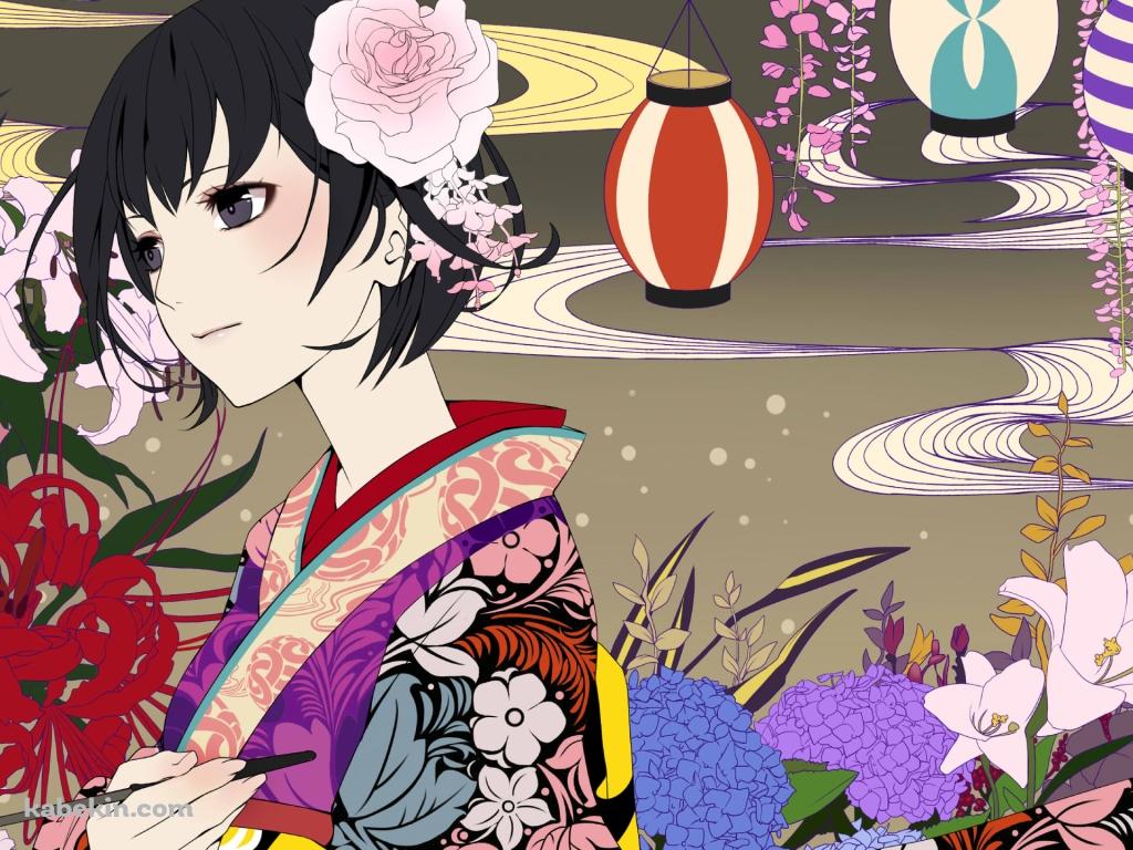 花柄模様の着物を着た狩房淡幽(かりぶさ たんゆう) / 提灯 / 彼岸花 / 紫陽花 / 蟲師の壁紙(1024px x 768px) 高画質 PC・デスクトップ用