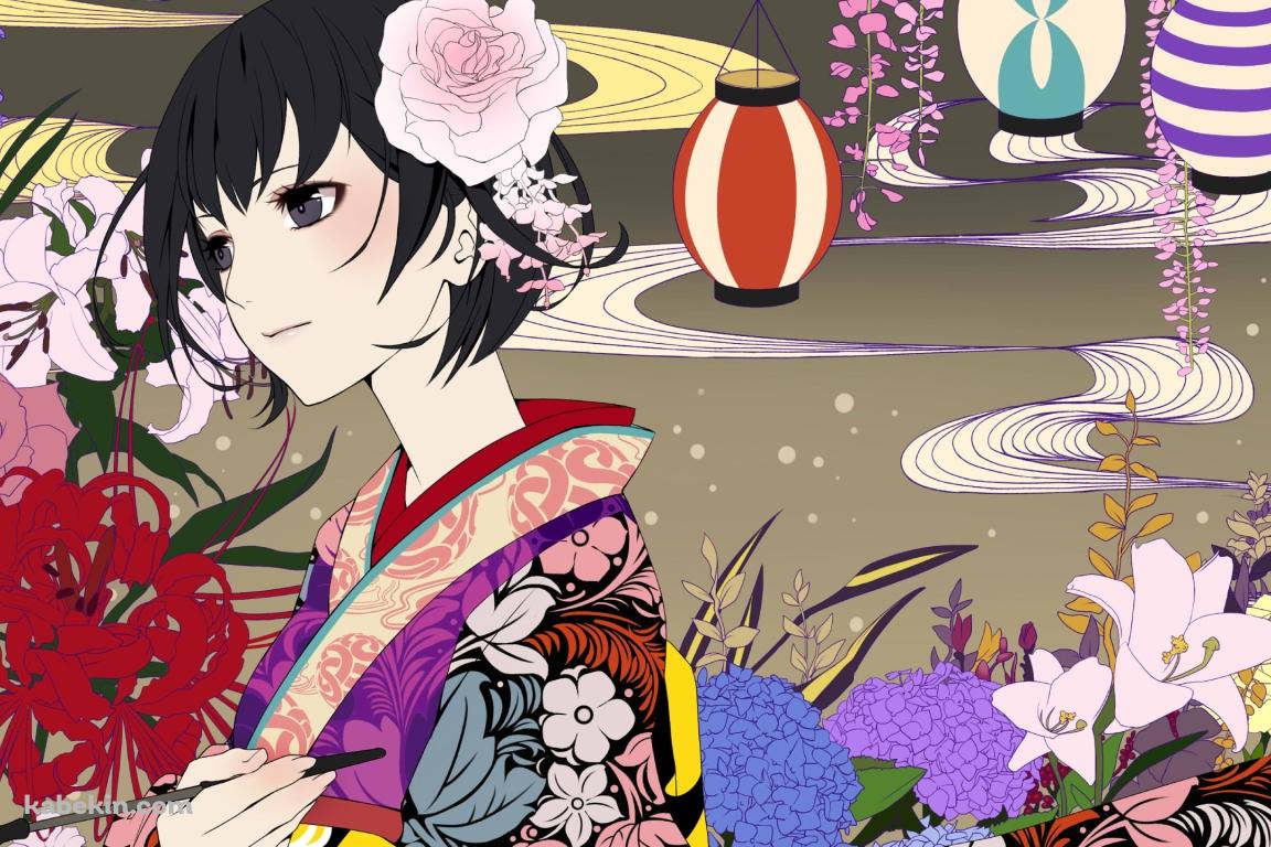 花柄模様の着物を着た狩房淡幽(かりぶさ たんゆう) / 提灯 / 彼岸花 / 紫陽花 / 蟲師の壁紙(1152px x 768px) 高画質 PC・デスクトップ用