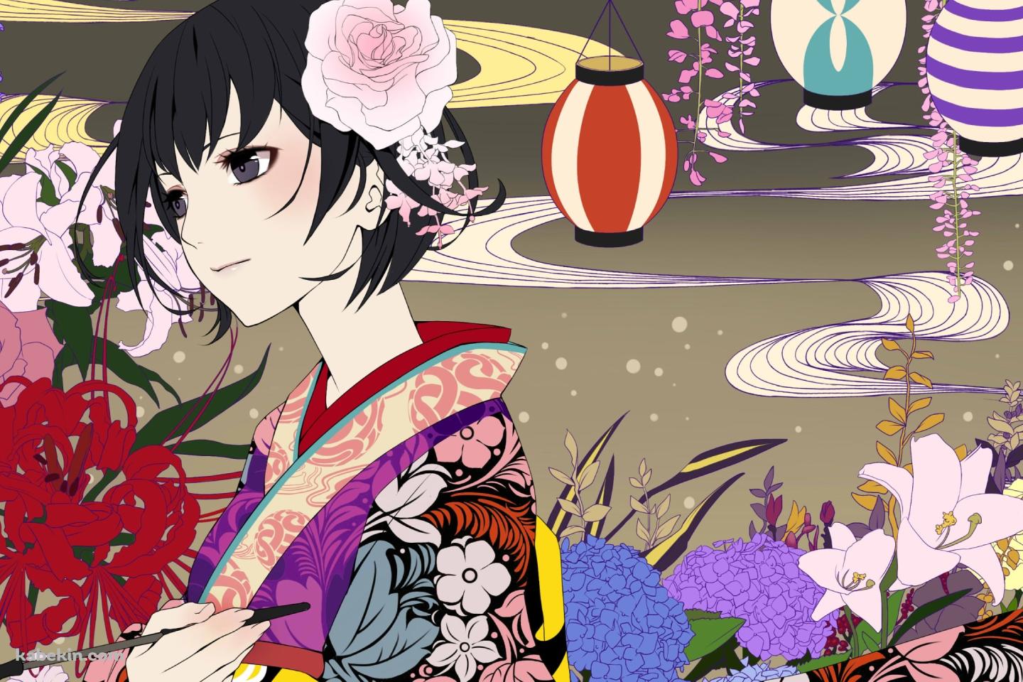 花柄模様の着物を着た狩房淡幽(かりぶさ たんゆう) / 提灯 / 彼岸花 / 紫陽花 / 蟲師の壁紙(1440px x 960px) 高画質 PC・デスクトップ用