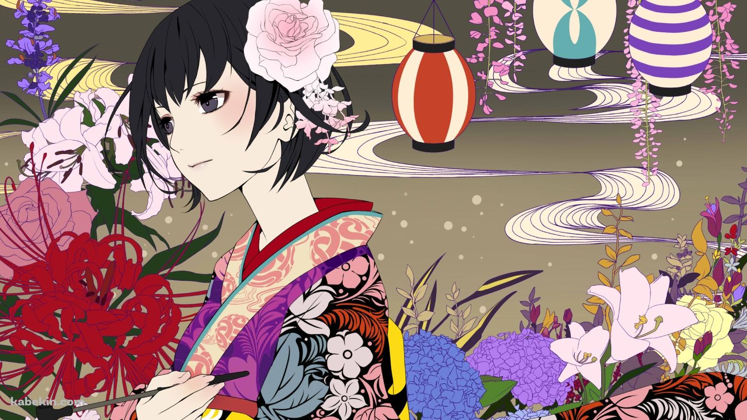 花柄模様の着物を着た狩房淡幽(かりぶさ たんゆう) / 提灯 / 彼岸花 / 紫陽花 / 蟲師の壁紙(1536px x 864px) 高画質 PC・デスクトップ用