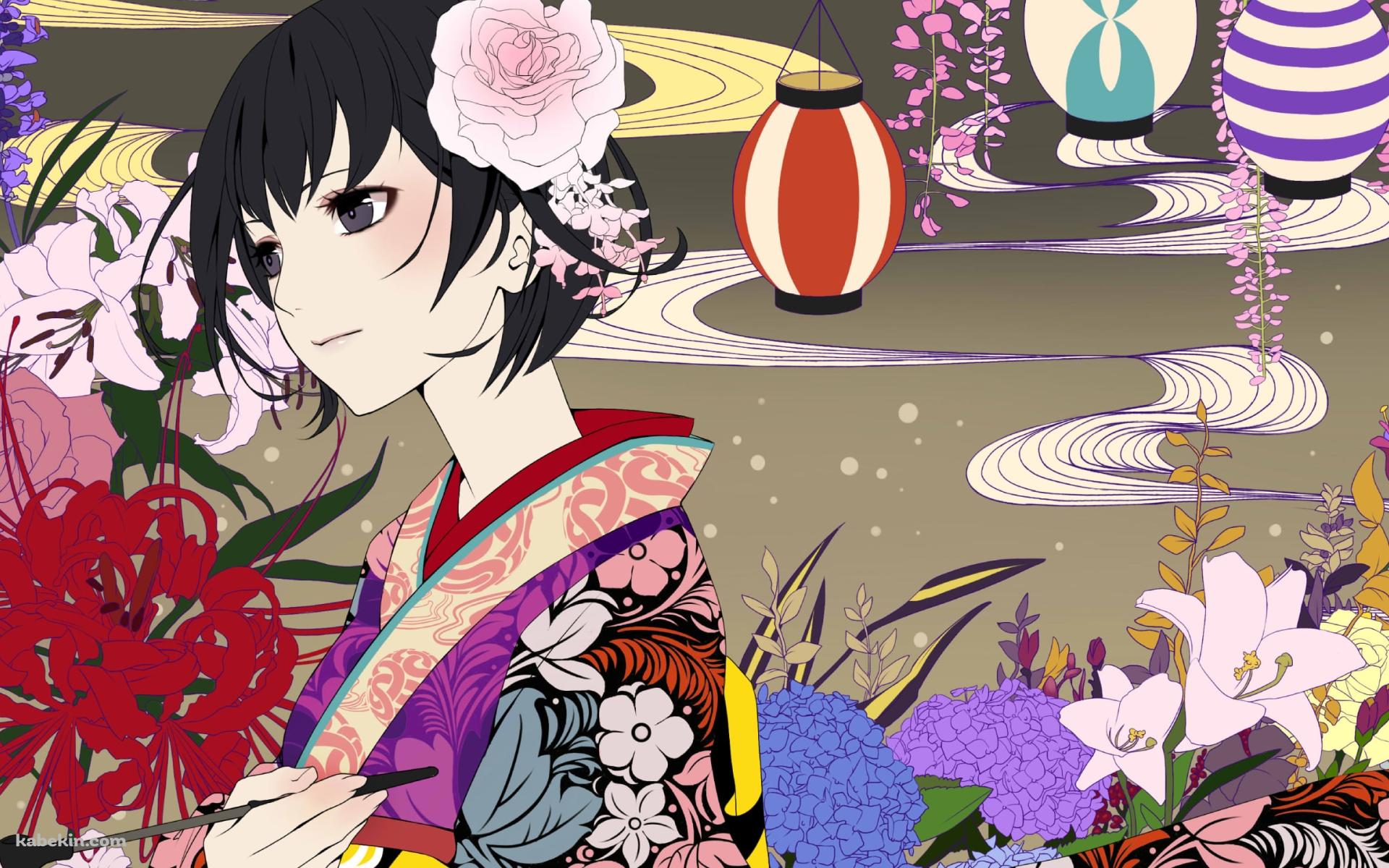 花柄模様の着物を着た狩房淡幽(かりぶさ たんゆう) / 提灯 / 彼岸花 / 紫陽花 / 蟲師の壁紙(1920px x 1200px) 高画質 PC・デスクトップ用