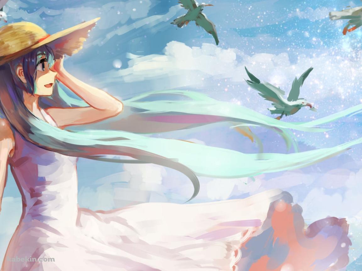 白いカモメの群れと麦わら帽子をかぶった初音ミク / ボカロ / ボーカロイドの壁紙(1152px x 864px) 高画質 PC・デスクトップ用