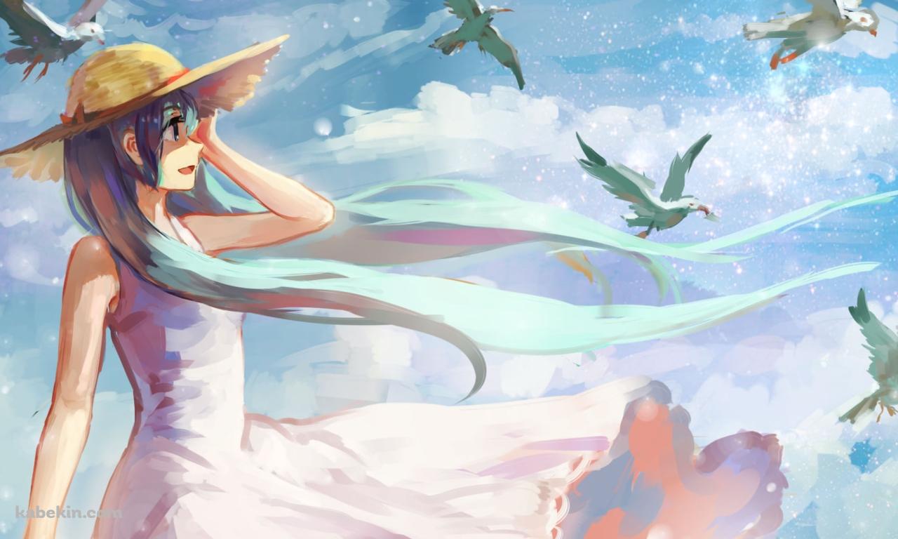 白いカモメの群れと麦わら帽子をかぶった初音ミク / ボカロ / ボーカロイドの壁紙(1280px x 768px) 高画質 PC・デスクトップ用