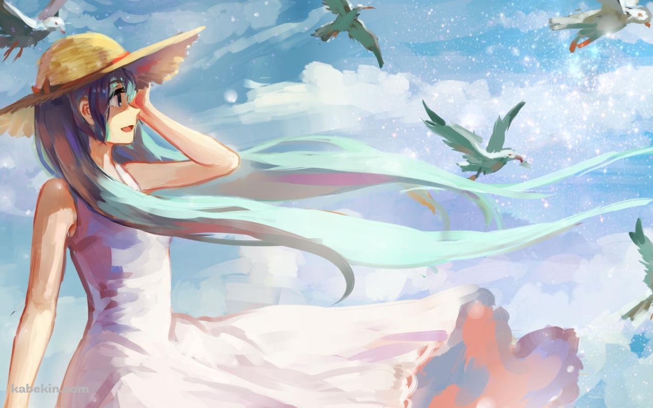 白いカモメの群れと麦わら帽子をかぶった初音ミク / ボカロ / ボーカロイドの壁紙(1280px x 800px) 高画質 PC・デスクトップ用