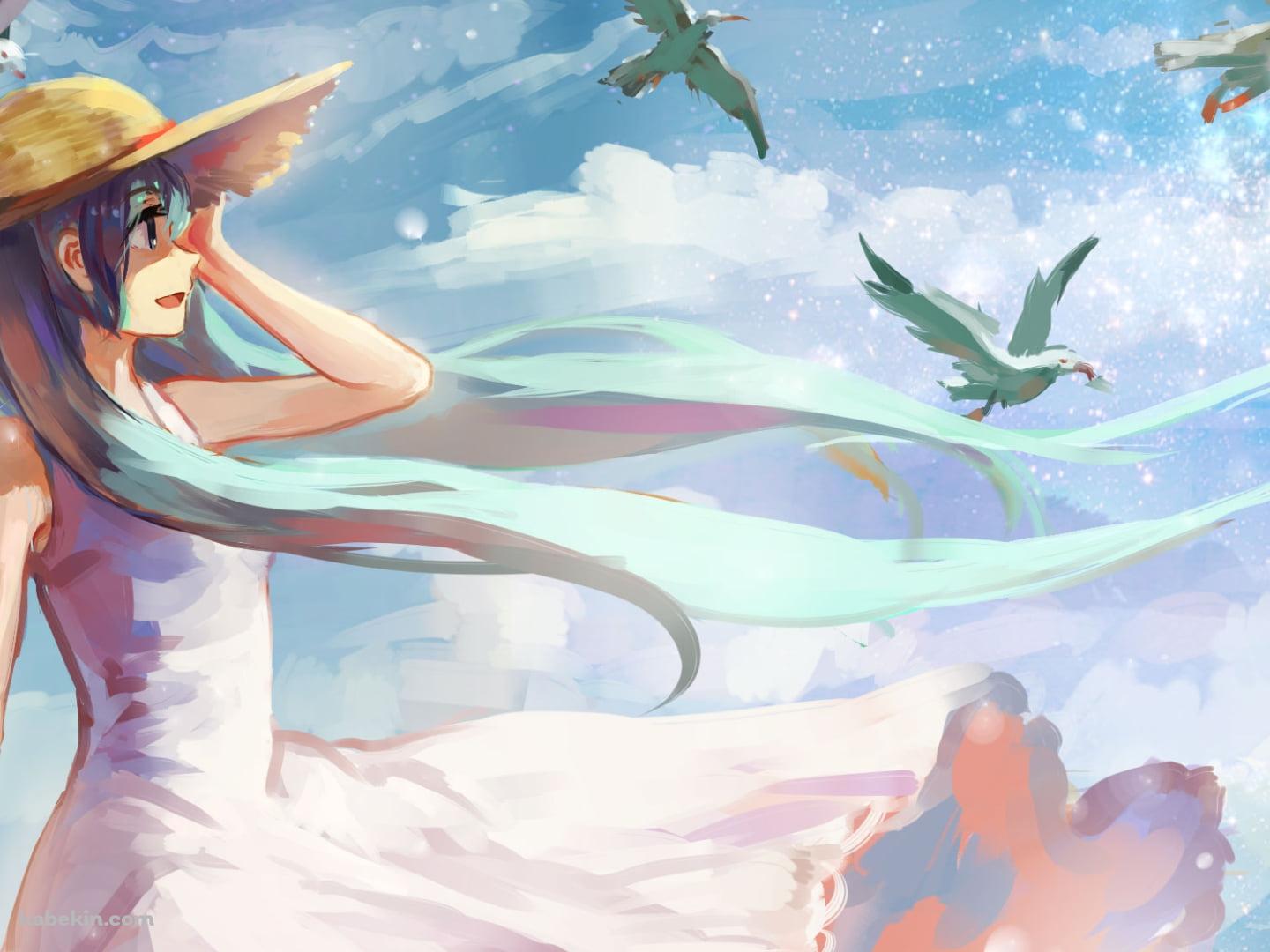 白いカモメの群れと麦わら帽子をかぶった初音ミク / ボカロ / ボーカロイドの壁紙(1440px x 1080px) 高画質 PC・デスクトップ用