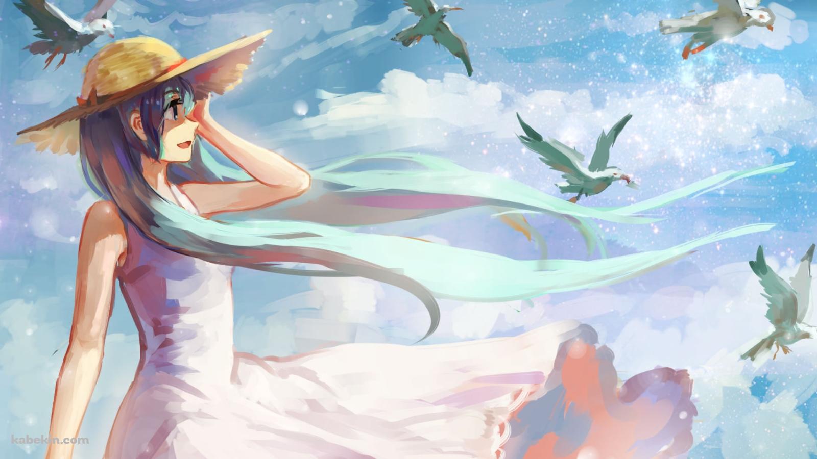 白いカモメの群れと麦わら帽子をかぶった初音ミク / ボカロ / ボーカロイドの壁紙(1600px x 900px) 高画質 PC・デスクトップ用