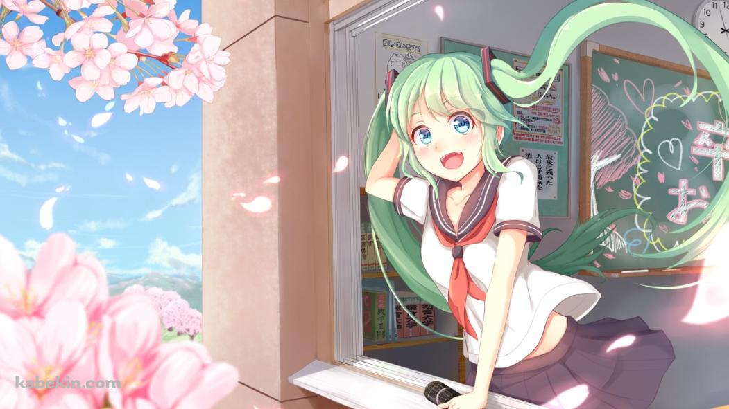 卒業証書を持って窓の外の桜を見て喜ぶ初音ミク / ボカロ / ボーカロイドの壁紙(1051px x 591px) 高画質 PC・デスクトップ用