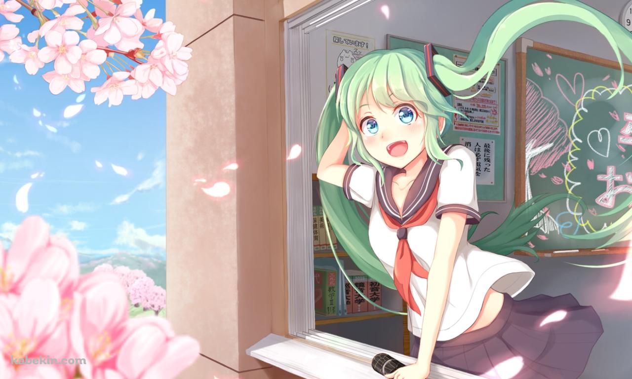 卒業証書を持って窓の外の桜を見て喜ぶ初音ミク / ボカロ / ボーカロイドの壁紙(1280px x 768px) 高画質 PC・デスクトップ用